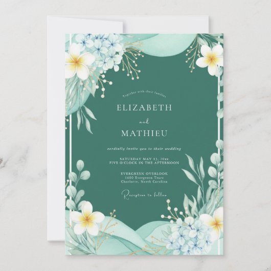 Invitation Mariage Botanique Aquarelle Sarcelle (Devant)