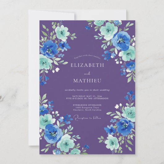 Invitation Mariage Botanique Aquarelle Teal Pourpre (Devant)