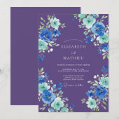 Invitation Mariage Botanique Aquarelle Teal Pourpre (Devant / Derrière)
