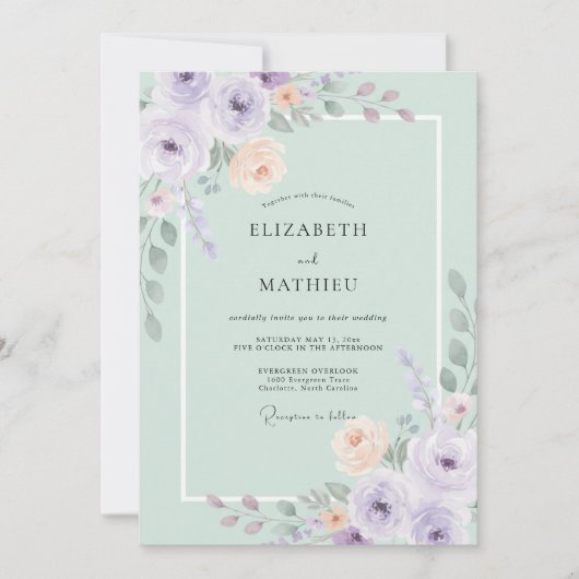 Invitation Mariage botanique aquarelle vert menthe (Devant)