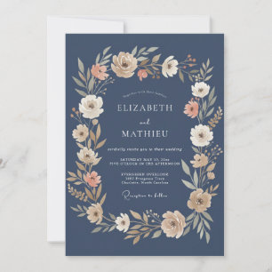 Invitation Mariage Botanique Atmosphérique Bleu Nuit