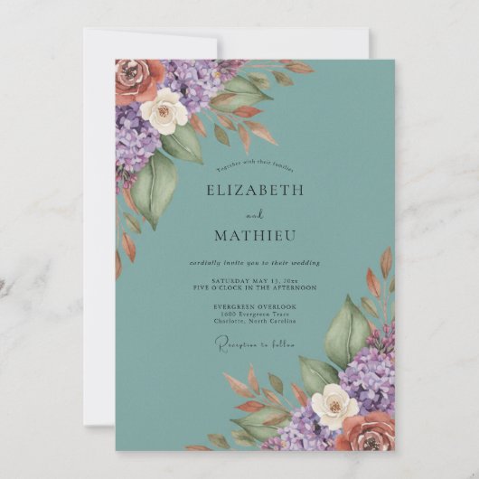 Invitation Mariage Botanique Atmosphérique Sarcelle (Devant)