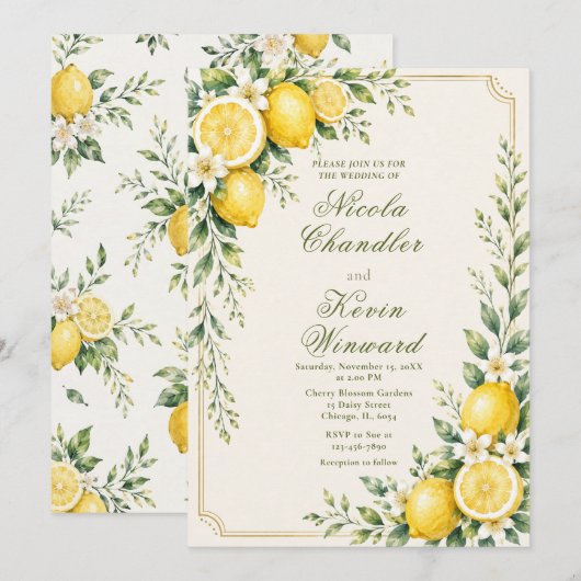Invitation Mariage Botanique au Citron (Devant / Derrière)