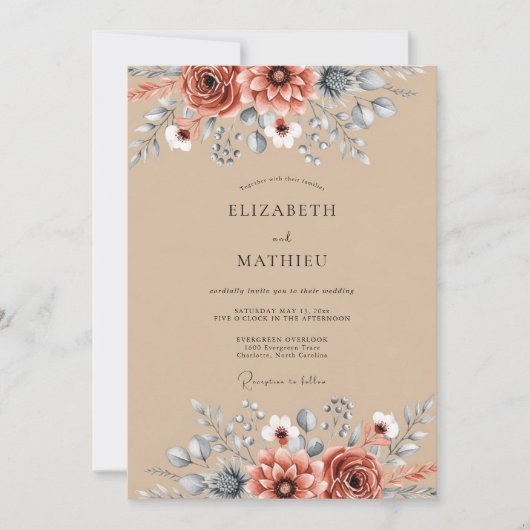 Invitation Mariage Botanique Automnal de Teinte Brun Clair (Devant)