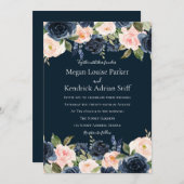 Invitation Mariage botanique blanc bleu profond de la Marine (Devant / Derrière)