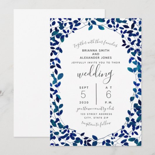 Invitation Mariage botanique bleu (Devant / Derrière)
