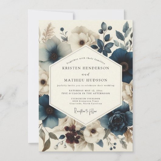 Invitation Mariage Botanique Bleu Ardoise Maussade (Devant)