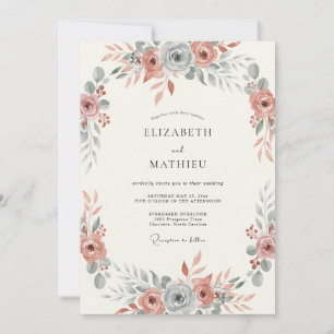 Invitation Mariage Botanique Bleu Ardoise Rose Atténué