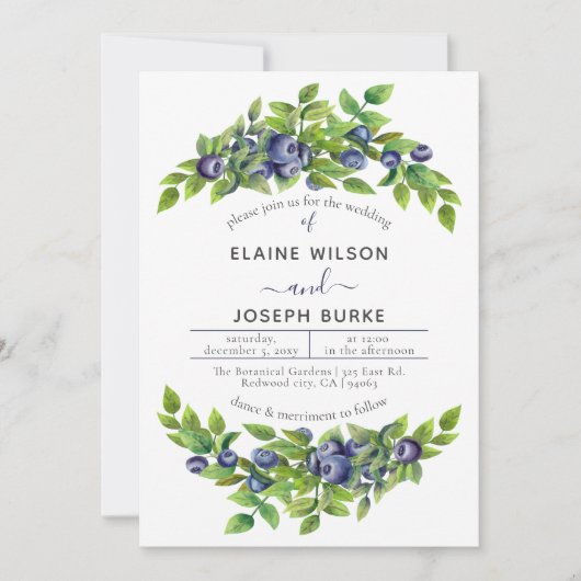Invitation mariage botanique bleu bleus (Devant)
