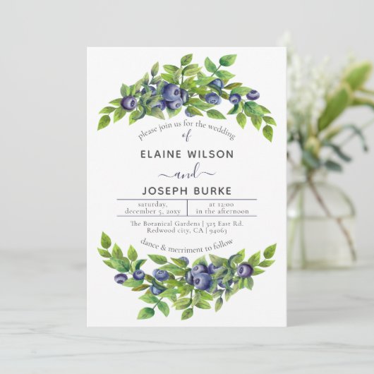 Invitation mariage botanique bleu bleus (Debout devant)