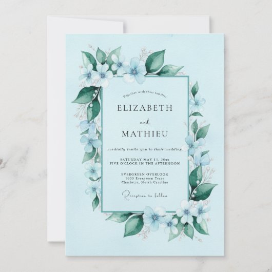 Invitation Mariage Botanique Bleu Céleste Impeccable (Devant)
