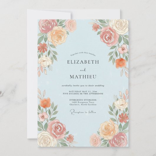 Invitation Mariage Botanique Bleu Clair et Pêche (Devant)