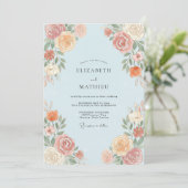 Invitation Mariage Botanique Bleu Clair et Pêche (Debout devant)