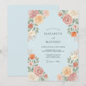 Invitation Mariage Botanique Bleu Clair et Pêche (Devant / Derrière)