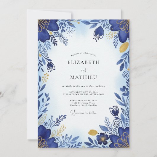 Invitation Mariage Botanique Bleu Cobalt Brillante (Devant)