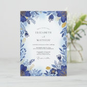 Invitation Mariage Botanique Bleu Cobalt Brillante (Debout devant)