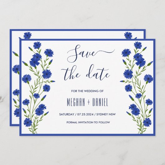 Invitation Mariage botanique bleu de Cornflower Date de sauve (Devant / Derrière)