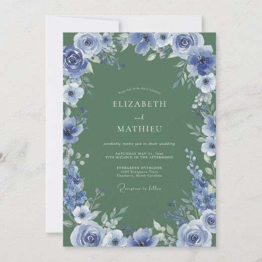Invitation Mariage Botanique Bleu en Forêt (Devant)