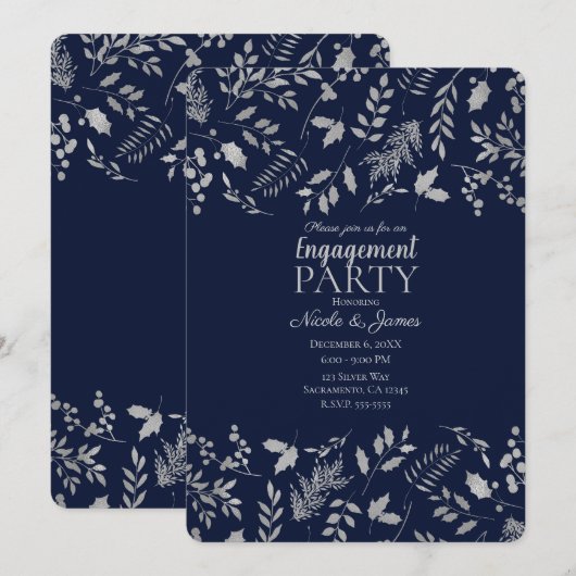 Invitation Mariage botanique bleu et argent en hiver (Devant / Derrière)