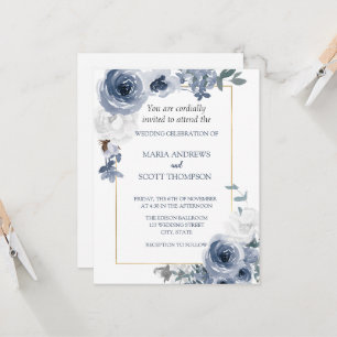 Invitation Mariage botanique bleu et blanc fleuri