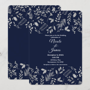 Invitation Mariage botanique bleu et feuilles argentées d'hiv