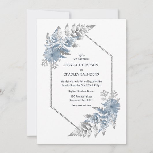 Invitation Mariage botanique bleu glace (Devant)