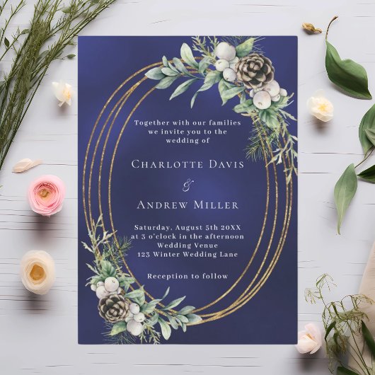 Invitation Mariage botanique bleu hivernal