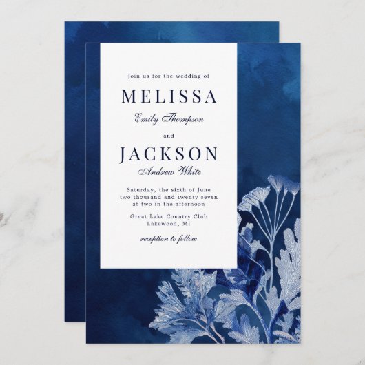 Invitation Mariage botanique bleu Indigo (Devant / Derrière)