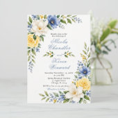 Invitation Mariage Botanique Bleu Jaune (Debout devant)