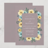 Invitation Mariage Botanique Bleu Jaune Mauve (Devant / Derrière)