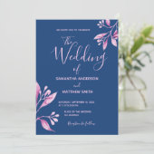 Invitation Mariage botanique bleu marine rose pâle (Debout devant)
