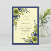 Invitation Mariage Botanique Bleu Marine Vivant (Debout devant)