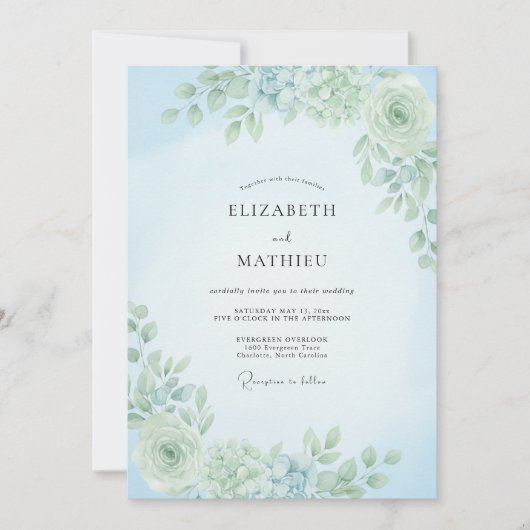Invitation Mariage Botanique Bleu Poussiéreux Douce (Devant)