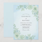 Invitation Mariage Botanique Bleu Poussiéreux Douce (Devant / Derrière)