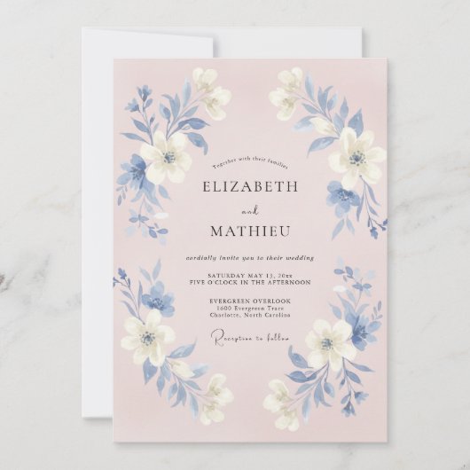 Invitation Mariage Botanique Bleu Rosé (Devant)