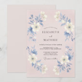 Invitation Mariage Botanique Bleu Rosé (Devant / Derrière)