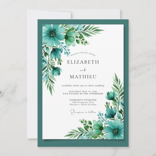 Invitation Mariage Botanique Bleu Sarcelle Enjoué (Devant)