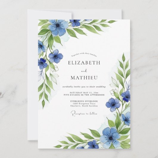 Invitation Mariage Botanique Bleu Verdoyant (Devant)