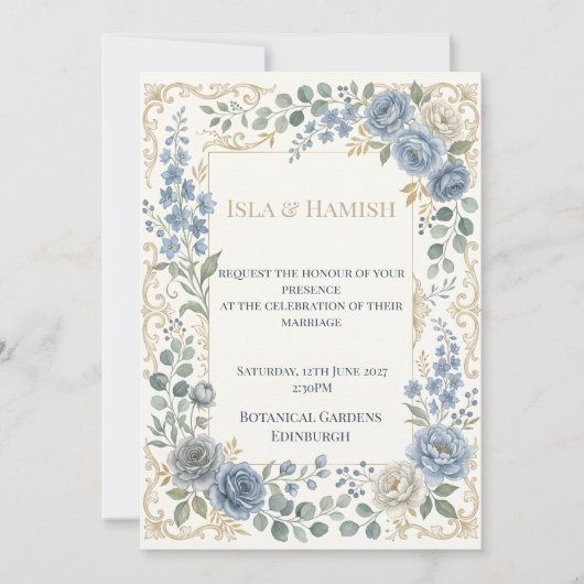 Invitation Mariage Botanique Bleu Vert Tendre (Devant)