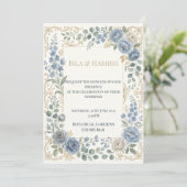 Invitation Mariage Botanique Bleu Vert Tendre (Debout devant)