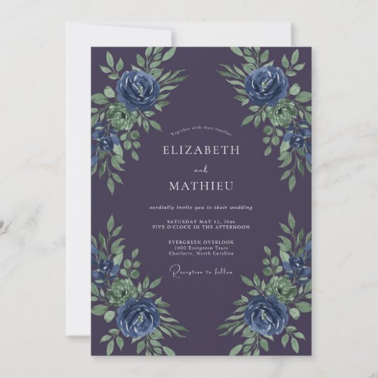 Invitation Mariage Botanique Bleu Violet Profond (Devant)