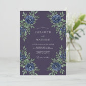 Invitation Mariage Botanique Bleu Violet Profond (Debout devant)