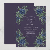 Invitation Mariage Botanique Bleu Violet Profond (Devant / Derrière)