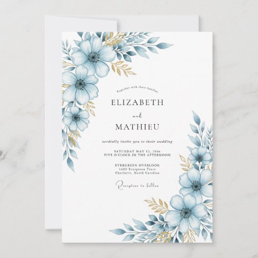 Invitation Mariage Botanique Blue Soft Bloom (Devant)