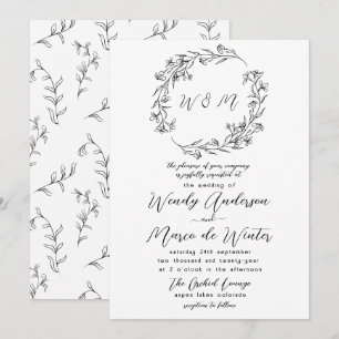 Invitation Mariage Botanique Bohème Minimaliste en Noir et Bl