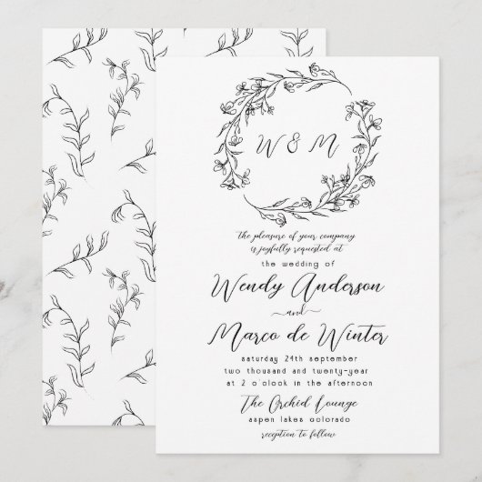 Invitation Mariage botanique bohème minimaliste noir et blanc (Devant / Derrière)