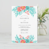 Invitation Mariage Botanique Brise de Corail Sarcelle (Debout devant)