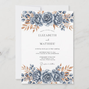Invitation Mariage Botanique Bronze Bleu Acier