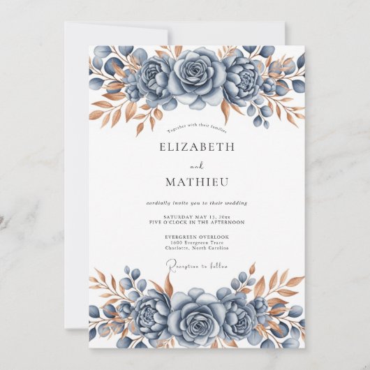 Invitation Mariage Botanique Bronze Bleu Acier (Devant)