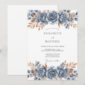 Invitation Mariage Botanique Bronze Bleu Acier (Devant / Derrière)